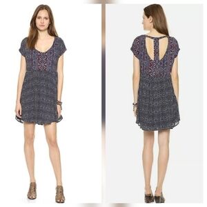 Free People Sundown Boho Floral Babydoll Mini Dress Cutout Pockets Extra Small‎